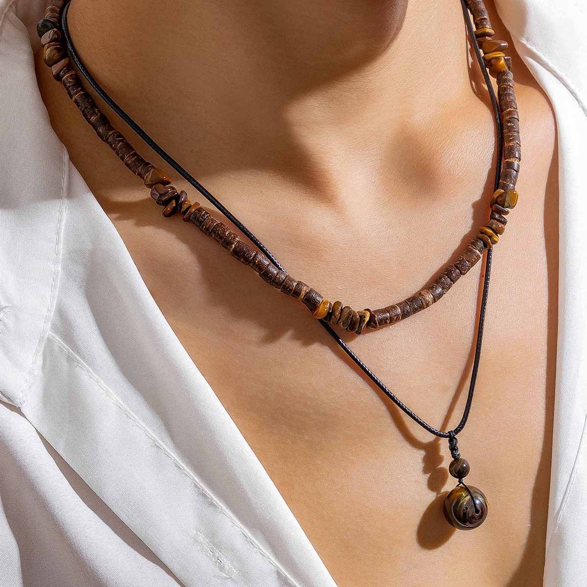 סט שרשראות חרוזי עץ